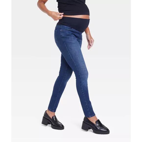 INGRID & ISABEL Over Belly Skinny Maternity Jean Large 32 Dark Blue Stretch NWOT - Picture 3 of 11